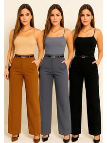 Kit 3 Calças Alfaiataria Feminina Com Cinto