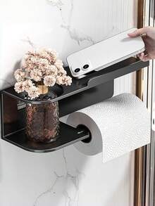 1 pezzo Portarotolo di carta igienica, Portarotolo con mensola, Organizer da bagno in acciaio inossidabile, Montaggio adesivo e a vite, Per bagno, antibagno, cucina, roulotte (Nero)Portarotolo da parete per carta igienica con vano portasalviette in acciaio inossidabile opaco nero, Portasalviette, Appendiabiti da parete per il bagno