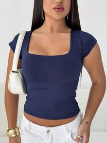 Blusa Camiseta Baby Look Feminina Manga Curta Básica Versátil Sem Transparência Tecido Elástico Modeladora Moda Casual Blogueira Gringa Barata - Azul Marinho - Visão 3