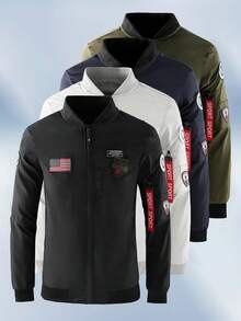 Women's Letter Graphic Baseball Bomber Jacket - Casual Sports Outerwear, Zip Closure, Regular Fit For Spring/Autumn, Fashionable Embroidered Design, Smooth Fabric - Ideal Perfect Choice - 黑色 - 查看 3