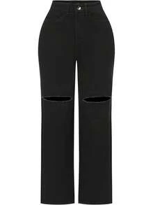 Pantalones vaqueros de tiro alto y pierna ancha con efecto desgastado y elásticos para mujeres THUNDER - 1# Negro - Ver 12