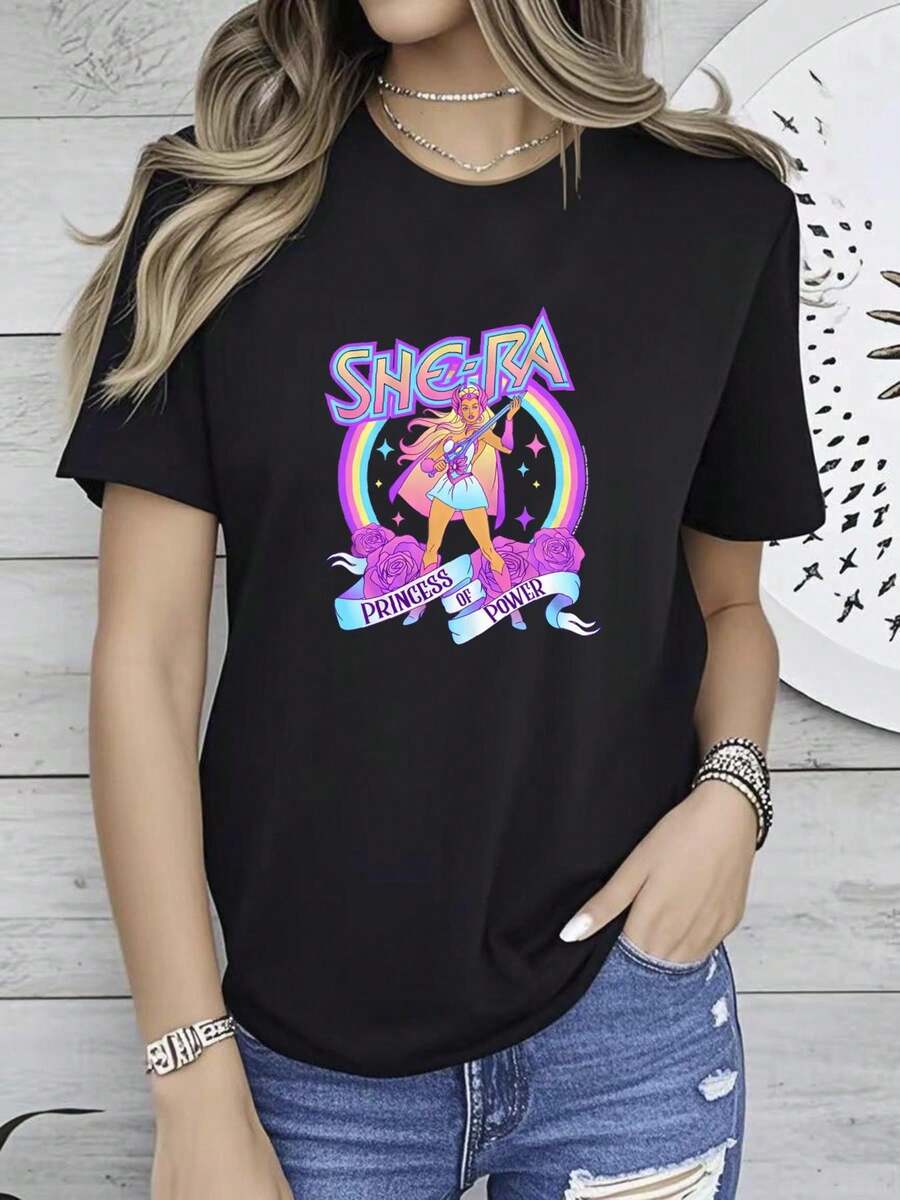 180g pure Cotton She Ra Women's T Shirt Princess of Power Rainbow Roses Vintage 80s Masters the Universe Cartoon Heroine TV female Summer Slightly streetwear Comfortable designer clothes Unisex Casual Soft T-Shirt For Women Casual Top For Everyday Wear Stretched - Blanco - Ver 1