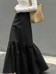 Chân váy chữ A cạp cao xếp ly kiểu Pháp cổ điển dành cho nữ, chân váy dài xòe rộng dáng đuôi cá giúp thon gọn vóc dáng cho mùa thu/đông, thanh lịch, ôm sát, phù hợp cho đi làm hàng ngày và mặc thường ngày, màu đen mùa xuân. - màu đen - Xem 2