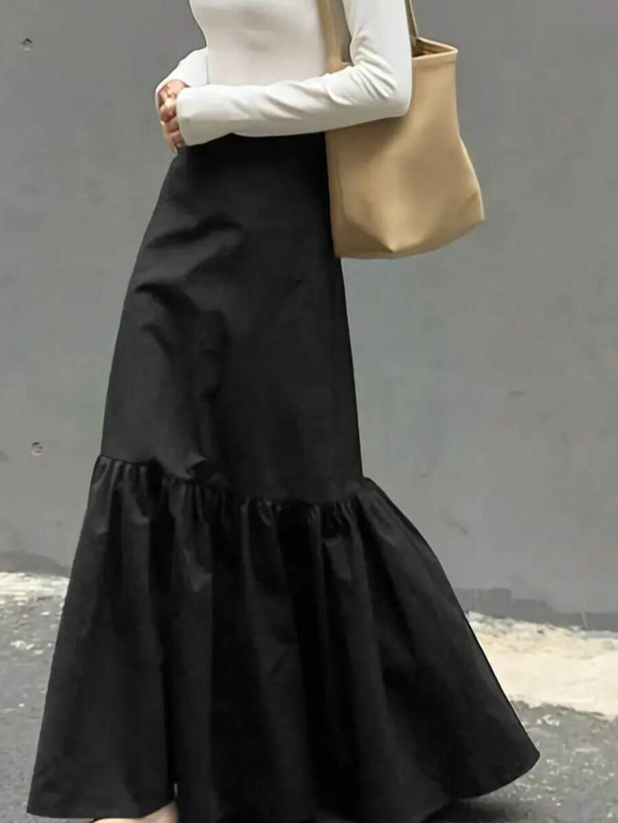 女士法式复古高腰荷叶边A字裙，秋冬显瘦大摆鱼尾长裙，百搭优雅修身款，适合日常通勤和休闲穿着，黑色春季款 - 黑色 - 查看 1