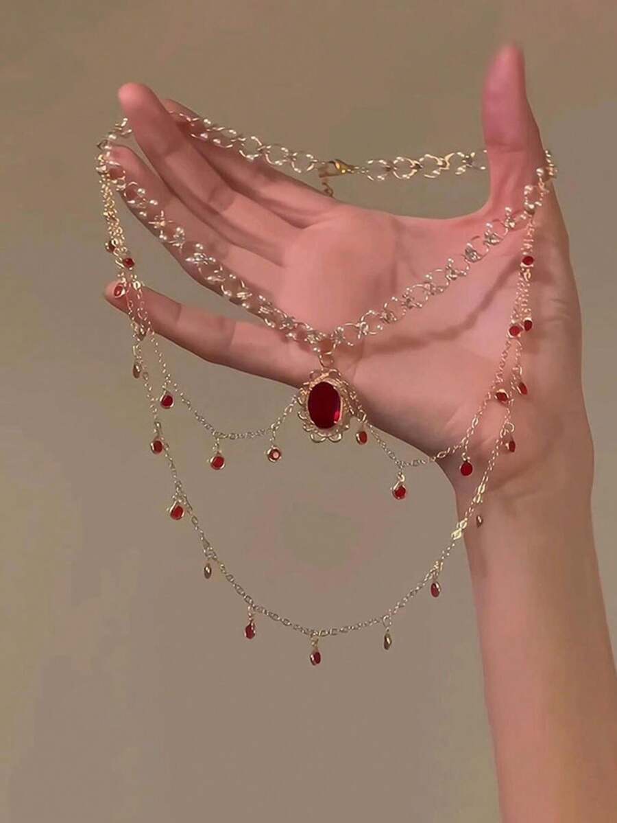 1pc Vintage Fashion Crystal Butterfly Tassel Layered Necklace For Women - Red - View 1