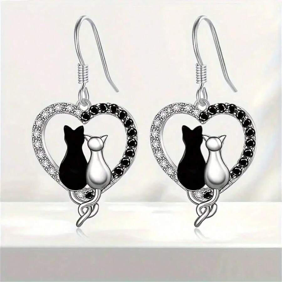 1 Pair Sweetheart Cat Couple Earrings, Cats In Pavé Heart Frame, Minimalist Jewelry, Romantic Pet Lover Gift - 銀色 - 查看 1