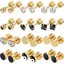 Stainless Steel Stud Earrings For Men Hypoallergenic Earring Flatback Black Earring Set Screw Back Studs Inlaid Cubic Zirconia Stud Earrings For Women Men - C-精緻金 - 查看 1