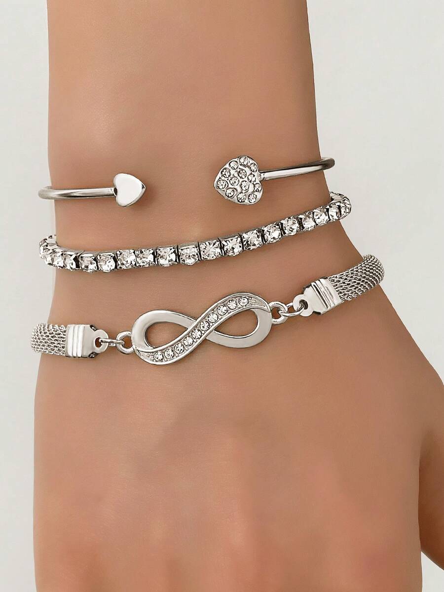 Bộ 3 vòng tay đính đá Rhinestone hình bướm và trái tim sang trọng tối giản, phụ kiện thanh lịch cho phái nữ - Bạc - Xem 1