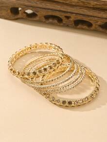 65毫米6件套时尚华丽中东风格水钻手工手链套装，优雅金色手镯配饰，女士珠宝，适合婚礼、日常佩戴 - 多件手鐲 - 查看 6