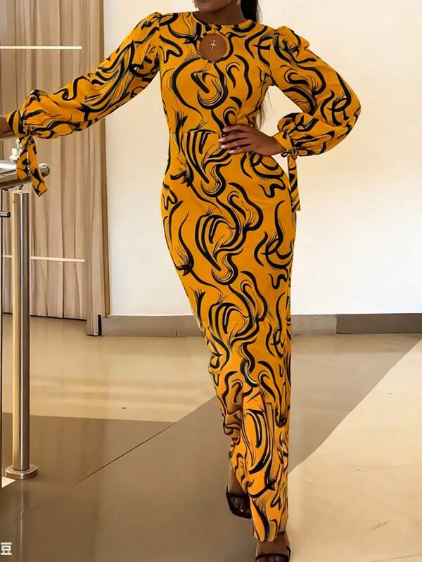 Vestido de fiesta formal elegante para mujer con estampado floral de bloques de color, con abertura y botones en laBottomr