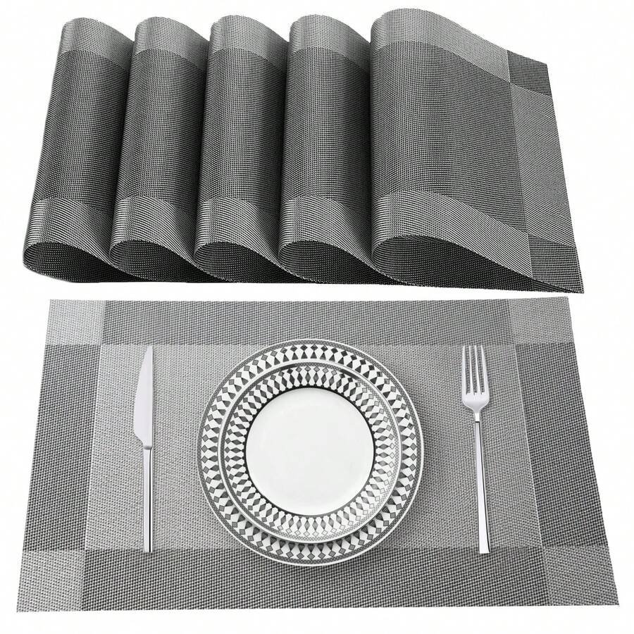 SERAPHINEX Manteles Individuales Lavables, Juego De 6 Piezas, Material De PVC Y Poliéster De Alta Calidad, Antideslizante Y Resistente Al Calor, Apto Para Mesas De Cocina, Diseño Sencillo, Duradero Y Fácil De Limpiar - Gris - Ver 1