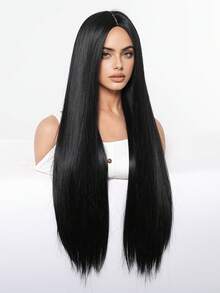 28 英寸黑色长款合成直发假发是一款耐热女士假发，适合日常派对和万圣节假发 - 黑色 - 查看 4