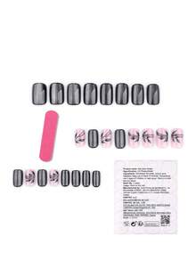 24 uñas postizas con ojos de gato negros. Las hojas son removibles y adecuadas para mujeres, reutilizables para bodas y reuniones al aire libre