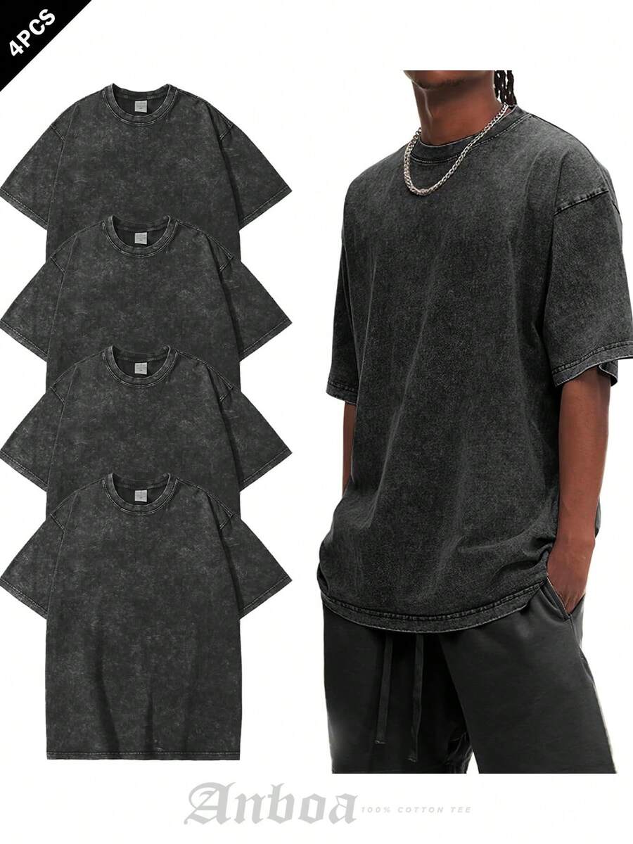 Anboa 4-Pack Men's Vintage Washed Oversized T-Shirts, Heavyweight Cotton Casual Tee Set - 4ĐenĐenĐenĐen - Xem 1