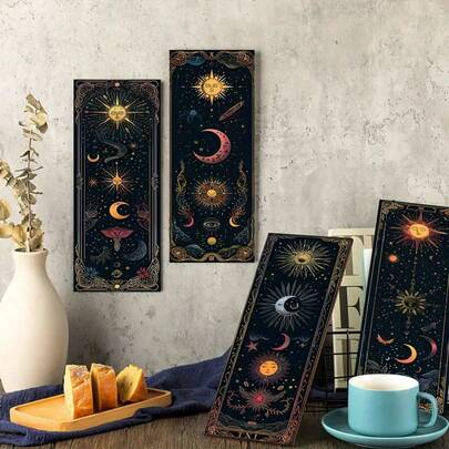 4 piezas Decoración de pared estilo bohemio, arte de sol, luna y estrella, decoración de habitación de bruja, colgante de pared de fase lunar minimalista gótica, cartel de pared estilo granja, adecuado para decoración de dormitorio, sala de estar, porche y baño, 2D plano, perfecto para decoración de habitación