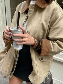 Autumn Winter Women's Single-Breasted Padded Jacket With Lapel Collar, Long Sleeve Pockets Loose Coat