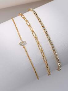 Nooxian Bộ 3 vòng tay nữ, phong cách bãi biển mùa hè Bohemian, bao gồm chuỗi cơ bản nhiều lớp mạ vàng, chuỗi đá Zirconia tennis, chuỗi kẹp giấy, mặt dây chuyền cỏ bốn lá bằng đá Zirconia khảm đồng, vòng tay xếp chồng nhiều lớp, quà tặng trang sức - Vàng - Xem 3