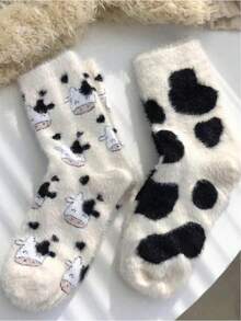 1/2 Pairs Of Cute Cow Patterned Plush Round Neck Socks, Thick And Warm Coral Fleece Socks, Women's Silk Stockings And Socks, Soft And Comfortable, Suitable For Daily Wear, Christmas, Winter Home Warmth, Cozy Socks - Multicolor - View 13