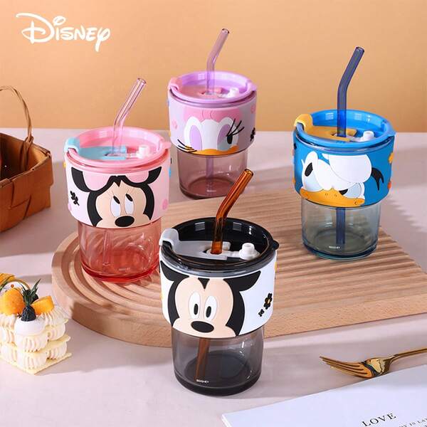 كوب زجاجي أحادي الطبقة مقاوم للحرارة العالية سعة 400 مل مع غطاء، بتصميم شخصيات ديزني الكلاسيكية الأصلية الرسمية ميكي وميني وديزي، هدية مناسبة