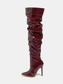 Fall/Winter Square Toe Chunky Heeled Classic Boots, White Elegant Solid Classic Boots,Perfect With Hoodies/Sweaters,Perfect With Hoodies,Sexy,Women Boots,Fashionable Women's Long Boots, Pleated Long Boots, Pleated Leather Boots, Pleated Pointed Over-The-Knee Boots, Pointed Long Boots, Millennial Style Women's Leather Boots, Y2K Women's Party Boots, Halloween, Christmas, Autumn And Winter Long Boots, Plus Size Women's Boots,Women's Stiletto Heel Over-The-Knee Pleated Boots. Women's Knee-High Boots, Women's Over-The-Knee Boots - 酒紅色 - 查看 2