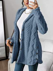 Autumn-Winter Warm Fashion Jacquard Plush Hooded Cardigan Coat Women'S Casual Daily Side Button Open Design Versatile Fuzzy Jacket  Active Wear Women   Summer  Gym Mujer  Gym Mujer  Workout Clothes For Women  Sweatshirts For Women  Women's All Season Clothes Women's Spring Clothes Women's Summer Clothes Women's Year Round Outfits Spring Fashion For Women Summer Fashion For Women - 藍色 - 查看 5
