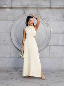Women's Long Tailored Dress, High Neck, Side Slit, Side Opening Detail, Comfortable, With Pockets, Elegant - 奶油色 - 查看 1