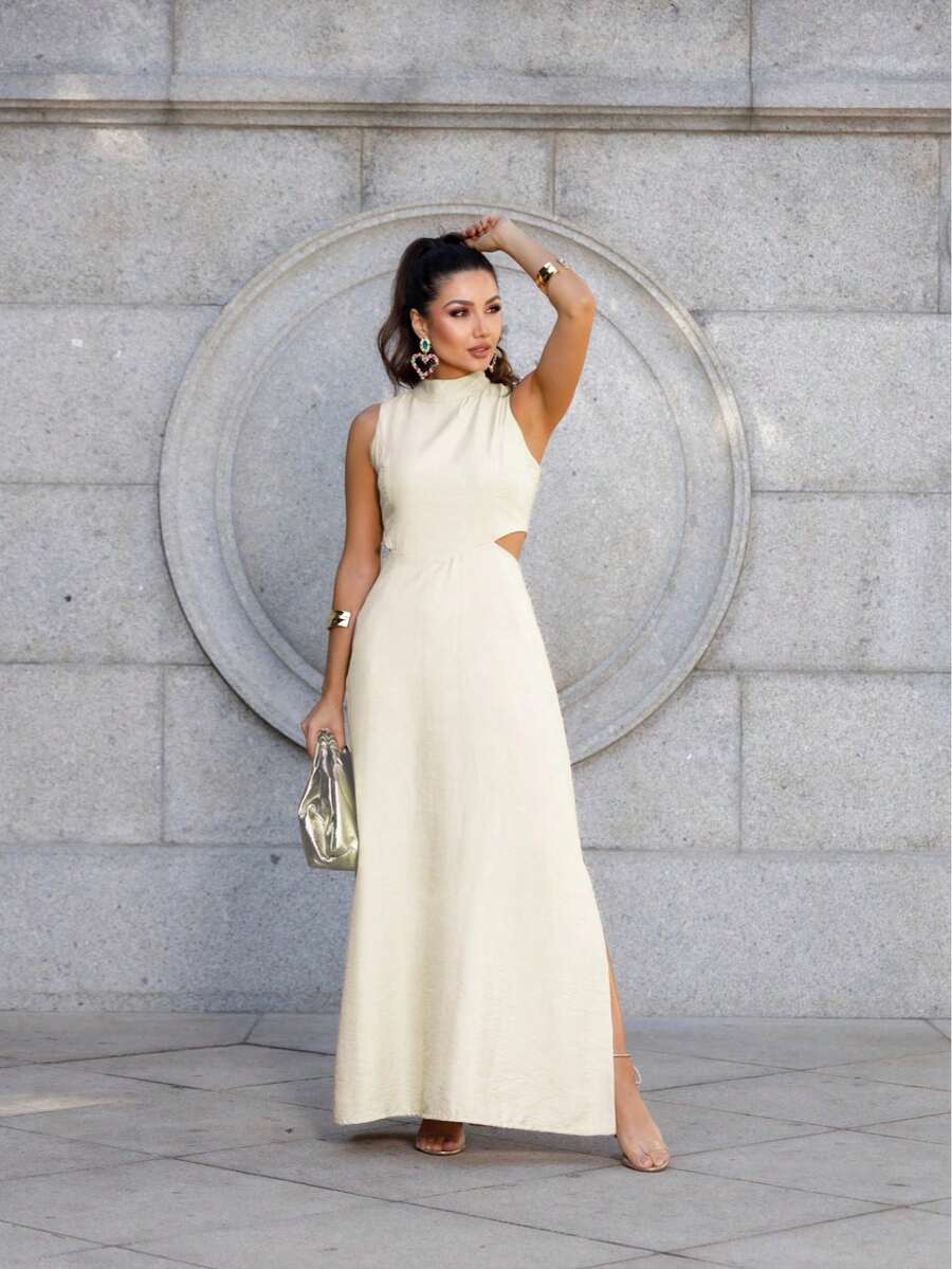 Women's Long Tailored Dress, High Neck, Side Slit, Side Opening Detail, Comfortable, With Pockets, Elegant - 奶油色 - 查看 1
