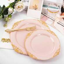 175pcs Pink And Gold Plastic Plates - Black Gold Disposable Plates Include 25 Dinner Plates,25pcsDessert Plates,25 Knives,25 Forks,25 Spoons,25 Cup,25 Napkins For Wedding & Party - Pink - View 2