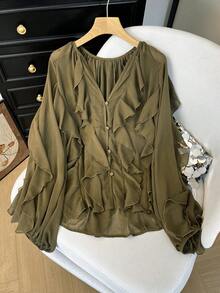 GMFP 女款夏秋休閒優雅時尚寬鬆橄欖綠荷葉邊襯衫，適合六月節慶度假季節 - 查看 2