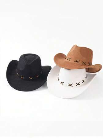 1pc Fashionable Solid Color Criss-Cross Strap Cowboy Hat, Suitable For Autumn/Winterdy Perforated Lace-Up Design, High-Quality Solid Color Fabric, Curved Wide Brim Design, Retro Hat Style, Sturdy And Stylish, Personalized Fashion, Suitable For Theme Parties, Gifts, Music Festivals, Weddings, Outdoor Travel, Fashionable Street ShoElegantex Temperament Matching