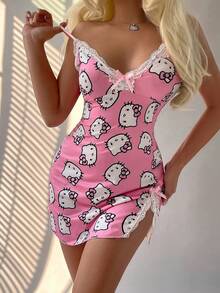 Sanrio [WONDER WORLD]1pc Hello Kitty Valentine's Day Women's Deep V-Neck Contrast Lace Slit Nightgown + G-String - Hot Pink - View 4