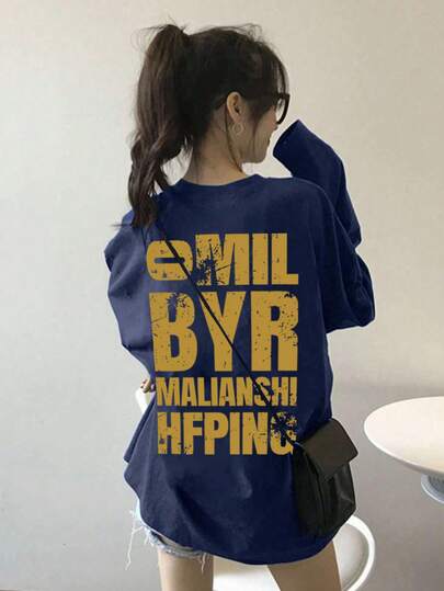 女式宽松休闲卡通字母印花长袖棉质T恤，春秋季