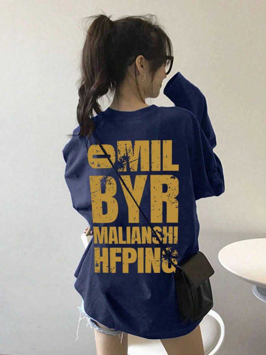 女式宽松休闲卡通字母印花长袖棉质T恤，春秋季 - 藏蓝色 - 查看 1