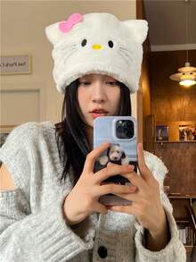 SANRIO 1 pieza Gorro de peluche tejido con lazo de Hello Kitty lindo y de dibujos animados, con forro térmico grueso y protección para las orejas, adecuado para el invierno - Multicolor - Ver 4