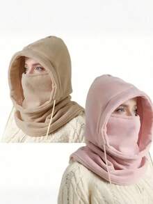 Unisex Warm Fleece Hood + Face Mask 2-In-1 - Adjustable Drawstring Windproof Balaclava For Winter Outdoor Activities - màu đen - Xem 4