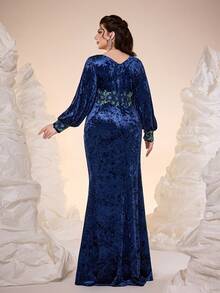 Vestido de bola elegante, modesto y de talla grande con cuello en V, con cordones, volantes, diseño de transferencia, abertura alta y dobladillo de sirena, para fiesta de graduación, boda, fiesta y vestido de invitada de boda