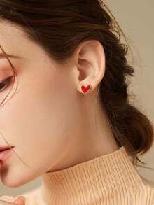 1 Pair Heart Shaped Stud Earrings For Women – Cute And Comfortable Daily Wear Jewelry, Perfect Gift For Valentine's Day, Mom, Mother's Day, And Special Occasions - Đỏ - Xem 2