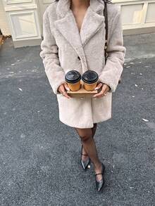 Camellia Fluffy Faux Fur Collar Loose Women Coat Jacket, Autumn/Winter - Light Grey - View 5