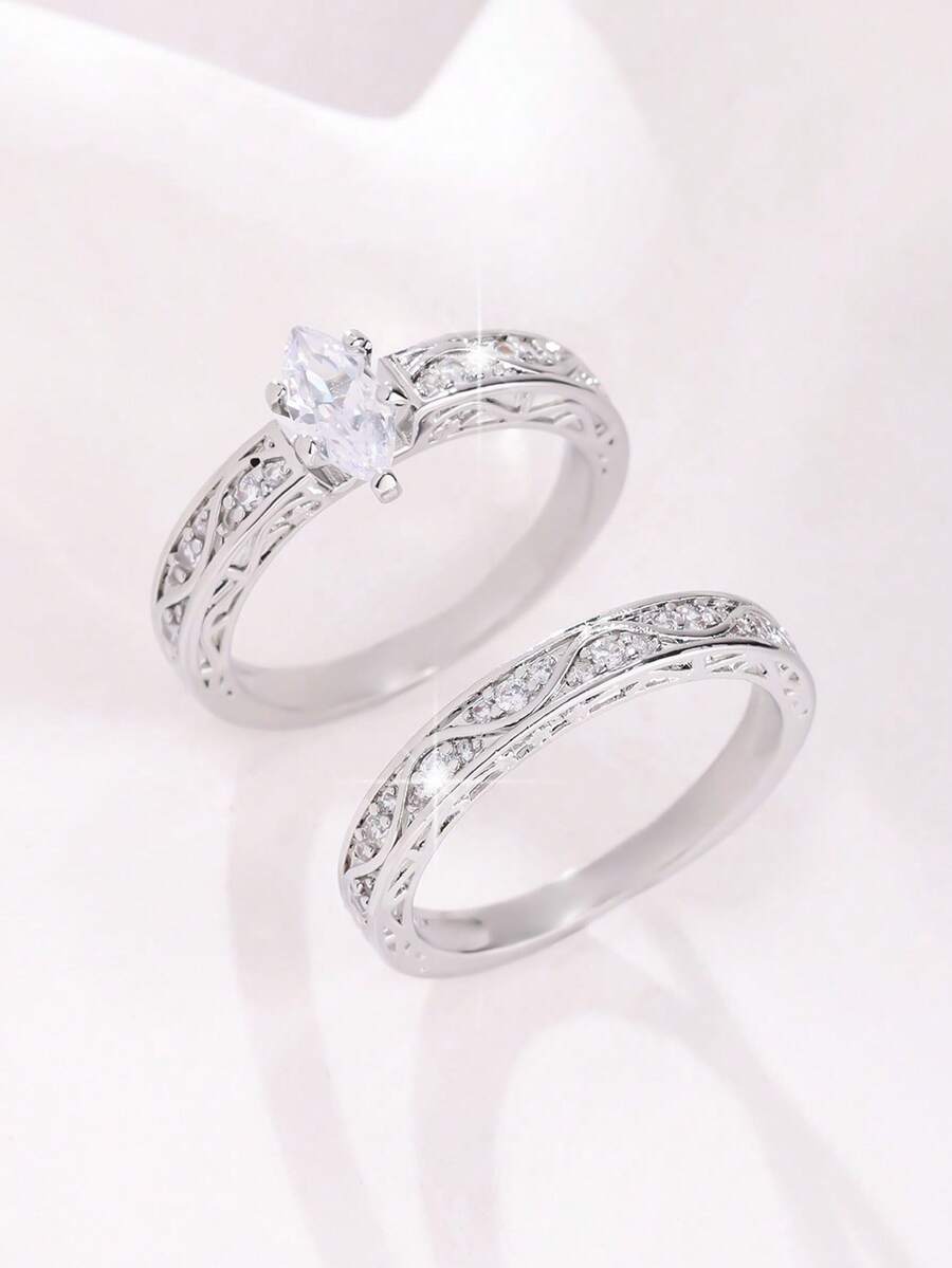 2 piezas Juego de anillos de moda de lujo para mujer, incrustados con circonita cúbica blanca sintética brillante, diseño multielemental, joyería fina para bodas y compromisos de mujer, accesorios elegantes para fiestas y bodas, regalo romántico
