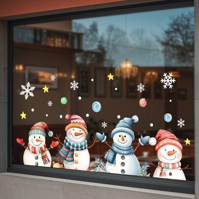 圣诞节装饰雪人窗户贴纸，冬季雪花玻璃窗户门窗贴纸可移除装饰，适用于室内外家居节日派对店铺玻璃装饰