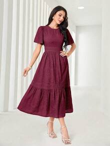 Women's Plain Midi Dress With Lining And Cut-Out Details, Featuring A Round Neckline, Puff Sleeves, Embroidery, And A Gathered Hem. - 中紫紅色 - 查看 6