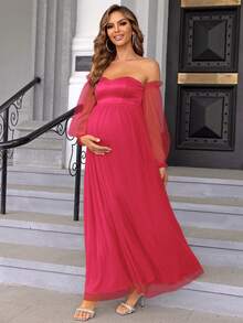 Joyfunear Elegant Contrast Mesh Off-Shoulder Maternity Dress, Autumn - Hot Pink - View 3