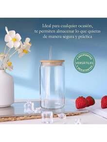 SELECTSHOP Set De 4 Vaso Tipo Lata De Vidrio Con Tapas Popotes De Vidrio Y Cepillo De Limpieza Vasos para Cerveza Taza de Café Helado Vasos de Cóctel Adecuados para Agua Jugo Sodaé Regalo (Set De 4) - Juego de 4 piezas - Ver 11