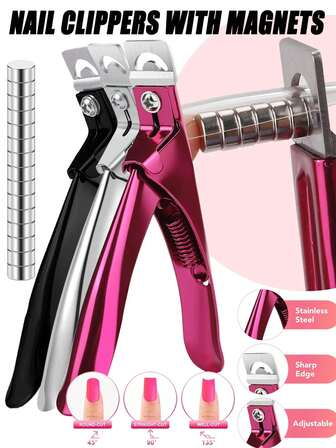 Tronchesino per unghie, Tagliacuticole per unghie finte, Tronchesino per unghie regolabile, Tagliacuticole per unghie acriliche con 15 pezzi di magnete, Tronchesino per unghie regolabile premium di colore rosso viola con misuratori magnetici per unghie finte, Tagliacuticole in acciaio inossidabile per unghie artificiali e finte