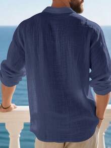 Men's Lightweight Loose Linen Long Sleeve Polo Shirt For Spring & Summer, Half-Placket Button Design, Breathable & Comfortable, Suitable For Beach, Outdoor Activities, Family Gatherings (Note: White, Light Blue, Etc. Colors Are Slightly Sheer; European & American Sizes Run Large, Recommend Ordering One Size Down) - 藏蓝色 - 查看 2
