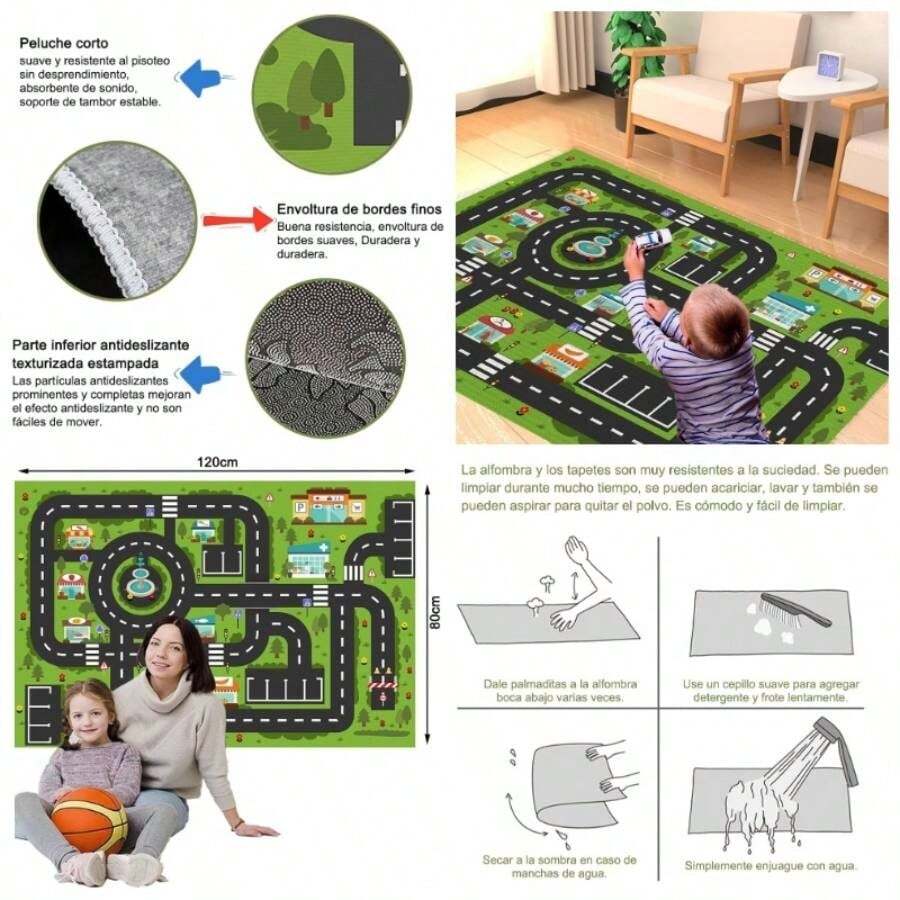 Alfombra de Juego para Coche Porttil para Nios - Alfombra de Carretera para Nios, Sala de Juegos, Tapete Ciudad Carretera, Tapete Didactico Interactivo 80x120 - Verde + 3'11" x 2'7" (Rectangular) - Ver 1