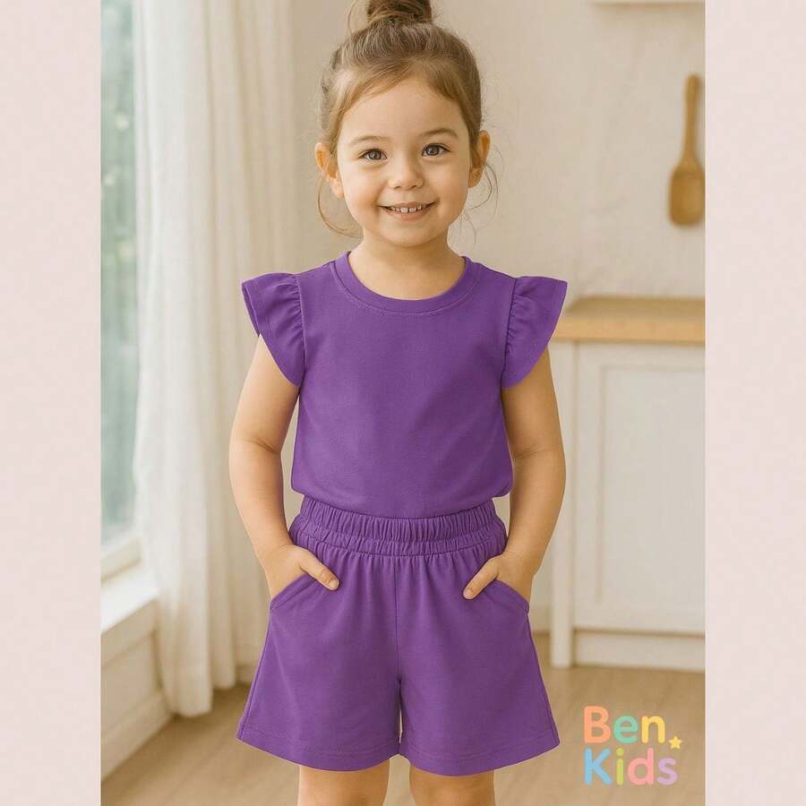 Conjunto Infantil Menina Algodão Manga Blusinha Manga Babado Short Elástico Bolso Conforto Verão Ben Kids Dia a Dia - Lilás - Visão 1