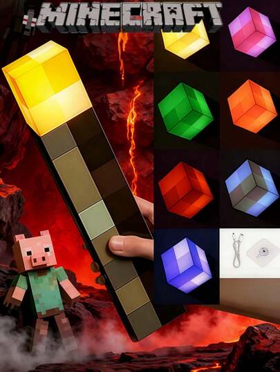 1pc Rechargeable 7-Color Minecraft Torch Lamp, USB Rechargeable Minecraft Torch Night Light, Torch Pendant Minecraft Accessory Toy Model, Wall Decor Light, With Flashlight And Wall Lamp, Outdoor Adventure Lighting, Decorative Ambiance Lighting, Flashlight, Bedroom LED Light, Game Room, Corridor, Home Decor, Video Game Gift And Collectible, Party Decoration, Minecraft Torch Game Theme Pixel Style Mining Craft Party Supplies