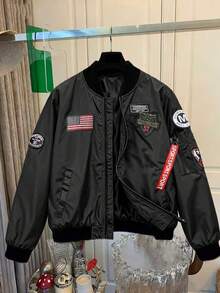 Women's Letter Graphic Baseball Bomber Jacket - Casual Sports Outerwear, Zip Closure, Regular Fit For Spring/Autumn, Fashionable Embroidered Design, Smooth Fabric - Ideal Perfect Choice - 黑色 - 查看 2