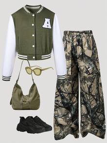 2pcs/Set Tween GirlsWaffle Bomber Jacket And Tree Branch Print Straight Leg Pants, Autumn/Winter